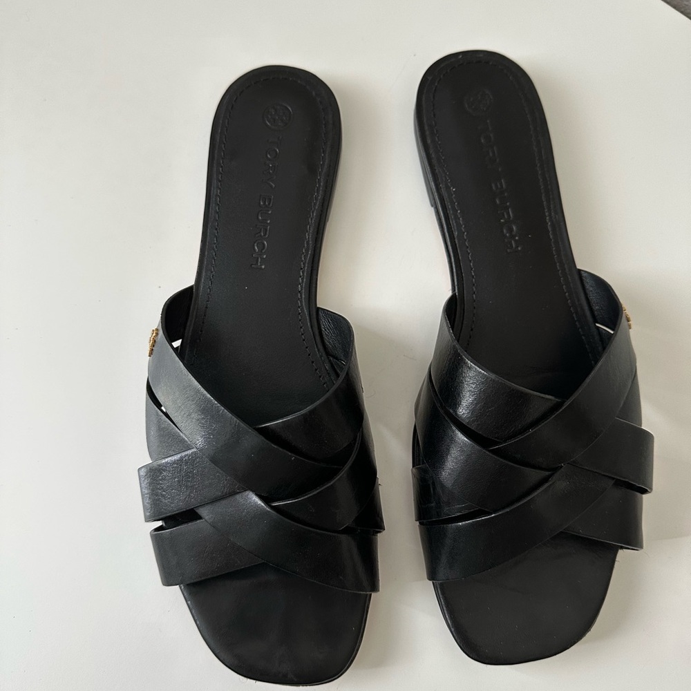 Tory Burch Black Leather City Slide Sandals - 9